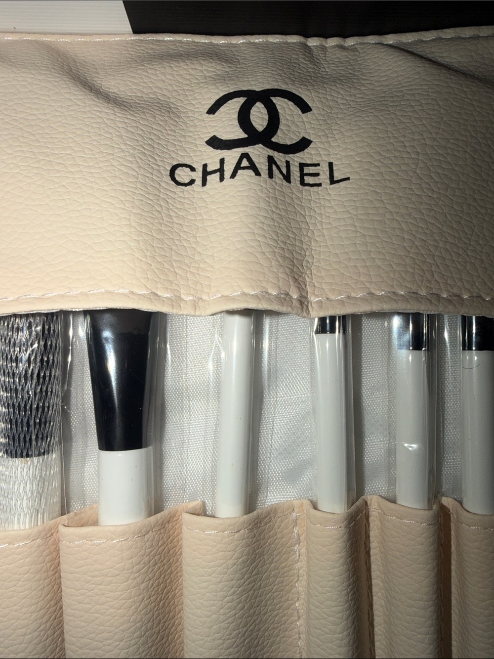 CHANEL Leather Case Black Brush Roll with White Handled Brushes Black Logo - Picture 3 of 5